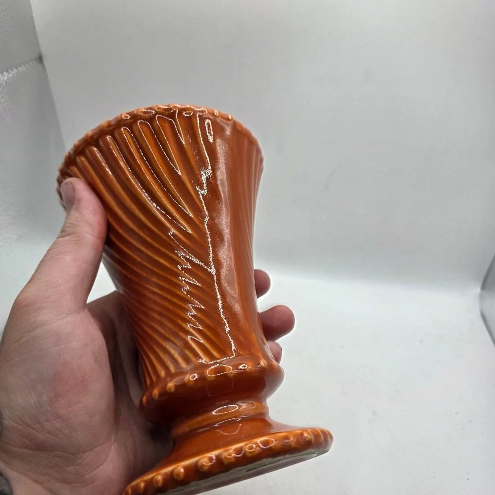 McCoy USA Pottery Burnt Orange Spiral Ribbed Beaded Trumpet Vase MCM